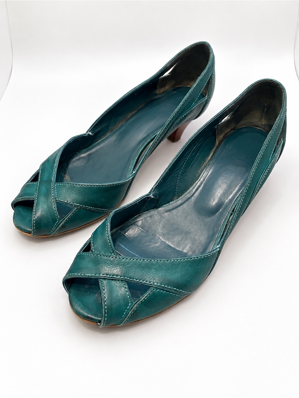 Vintage Teal Low Heel Pumps - Women's Classic Comfort, Size 8